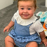 Ivy joined the competition — help win amazing prizes! baby, child, smiling, sitting, carpet, blue_dress, white_shirt, cute, indoor, person, face, legs, sock, happy, young_child, infant, closeup, portrait, toddler, hands