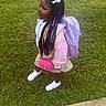 child, girl, outdoor, grass, backpack, purse, braids, hair_bows, school_uniform, shirt, skirt, sneakers, white_shoes, pink_accessories, lavender, standing, portrait, side_profile, daylight, playful