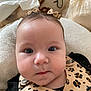 Ella participe au concours pour gagner de l'argent avec cette photo : baby, bib, child, close_up, clothing, cushion, cute, expression, face, hair_bows, head, indoors, infant, leopard_print, person, portrait, serious, skin, soft_texture, young