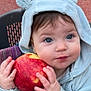 apple, baby, cap, clothing, coat, face, food, fruit, hat, head, hood, jacket, knitwear, person, photography, plant, playarea, portrait, produce, sweater