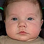 baby, infant, face, blue_eyes, chubby_cheeks, close_up, portrait, cute, stroller, car_seat, onesie, skin, hair, eyelashes, lips, nose, calm_expression, gaze, head, upper_body