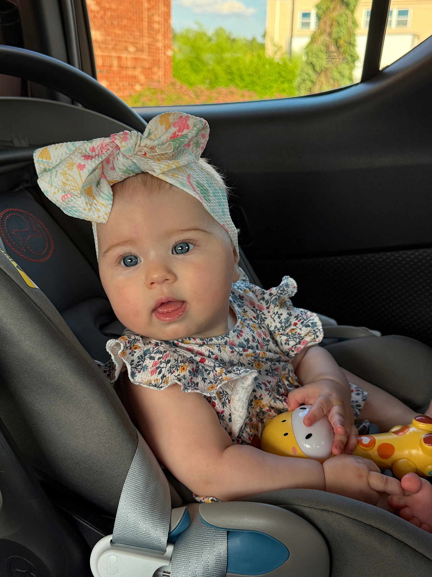Melania is registered to the contest to win money with this photo: baby, child, car_seat, headband, toy, giraffe_toy, blue_eyes, floral_dress, seatbelt, infant, cute, indoors, car_interior, sitting, portrait, child_toy, expression, soft_light, closeup, curious
