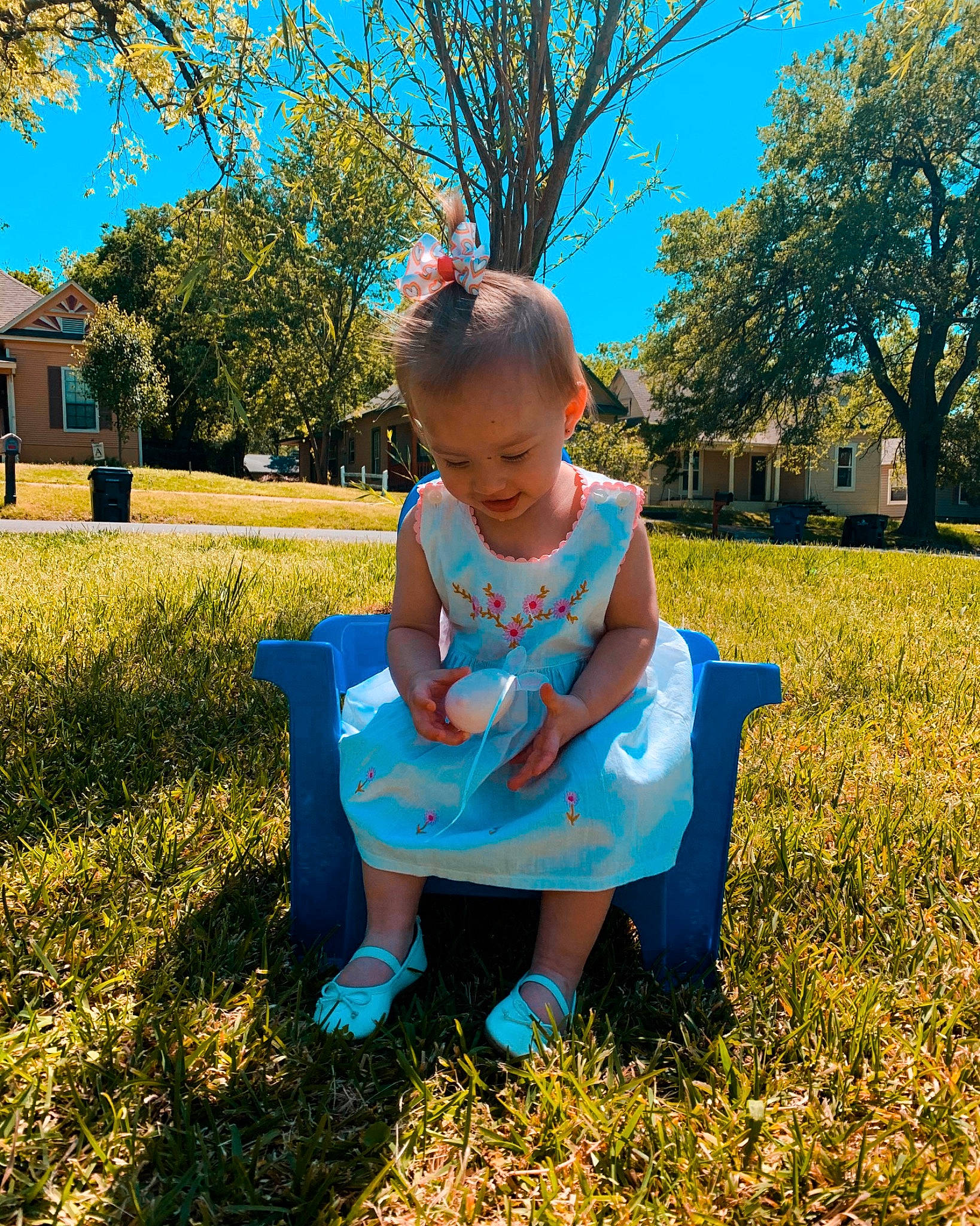 Aaleyah is registered to the contest to win money with this photo: blue, child, grass, grass_family, green, happy, lawn, leaf, people, person, plant, sitting, sky, smile, spring, summer, toddler, tree, turquoise, woody_plant