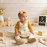 Bella Gutiérrez is registered to the contest to win money with this photo: baby, child, girl, bow, dress, knitted_blanket, wooden_blocks, soft_toy, floor, fairy_lights, flowers, vase, decor, portrait, sitting, indoors, cute, smiling, headband, cozy