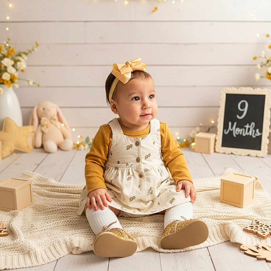 Bella Gutiérrez is registered to the contest to win money with this photo: baby, bow, child, cozy, cute, decor, dress, fairy_lights, floor, flowers, girl, headband, indoors, knitted_blanket, portrait, sitting, smiling, soft_toy, vase, wooden_blocks