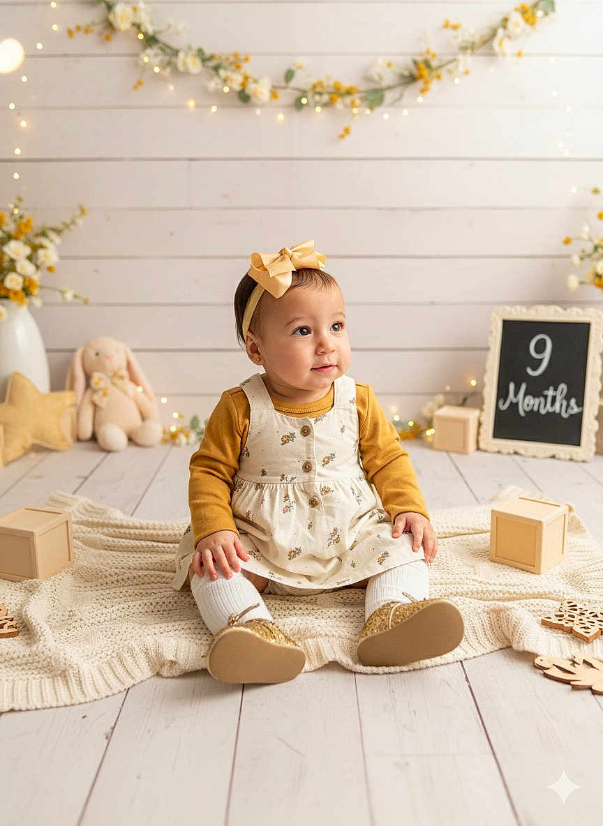 Bella Gutiérrez is registered to the contest to win money with this photo: baby, child, girl, bow, dress, knitted_blanket, wooden_blocks, soft_toy, floor, fairy_lights, flowers, vase, decor, portrait, sitting, indoors, cute, smiling, headband, cozy