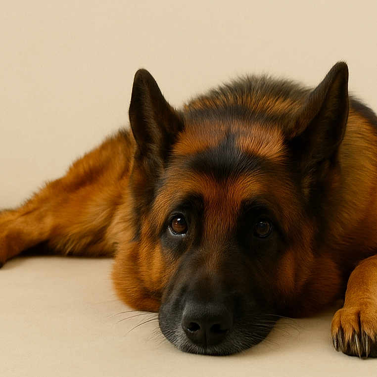 Princesse participe au concours pour gagner de l'argent avec cette photo : animal, black, brown, canine, close_up, dog, domestic_animal, ears, face, fur, german_shepherd, indoor, looking, lying_down, mammal, neutral_background, paw, pet, portrait, resting