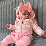 baby, pink_clothing, knitwear, bow_hat, jacket, slippers, minnie_mouse, blanket, indoor, child, cute, warm_clothes, smiling, seated, soft_texture, cozy, portrait, infant, happy, apparel