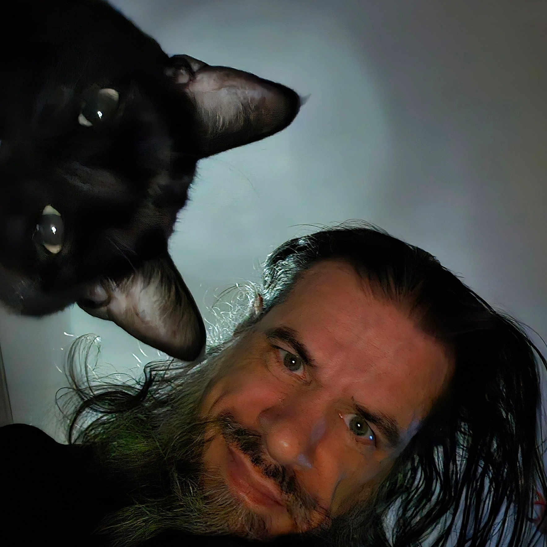 Kuro joined the competition — help win amazing prizes! man, cat, black_cat, beard, long_hair, face, pet, portrait, indoor, curious, closeup, animal, human, whiskers, expression, looking_at_camera, dark_background, head, mustache, friendly