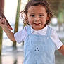 toddler, child, smiling, curly_hair, holding_hand, overalls, white_shirt, outdoor, pier, water, beach, sunlight, happy, portrait, person, cute, young_child, summer, daylight, family