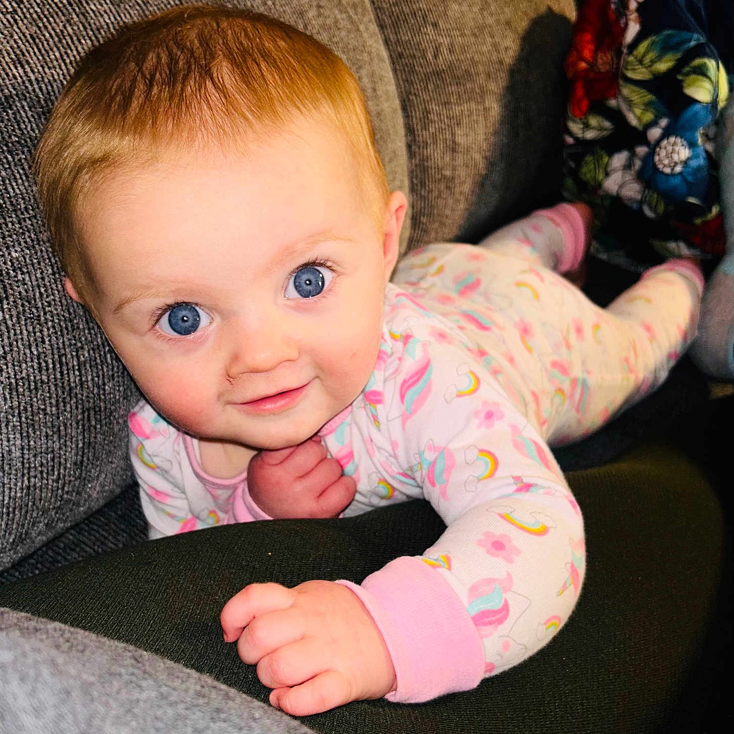 Stella joined the competition — help win amazing prizes! arm, baby, blonde, bodypart, clothing, couch, cushion, face, finger, furniture, hair, hand, head, homedecor, newborn, pants, person, photography, portrait, sitting