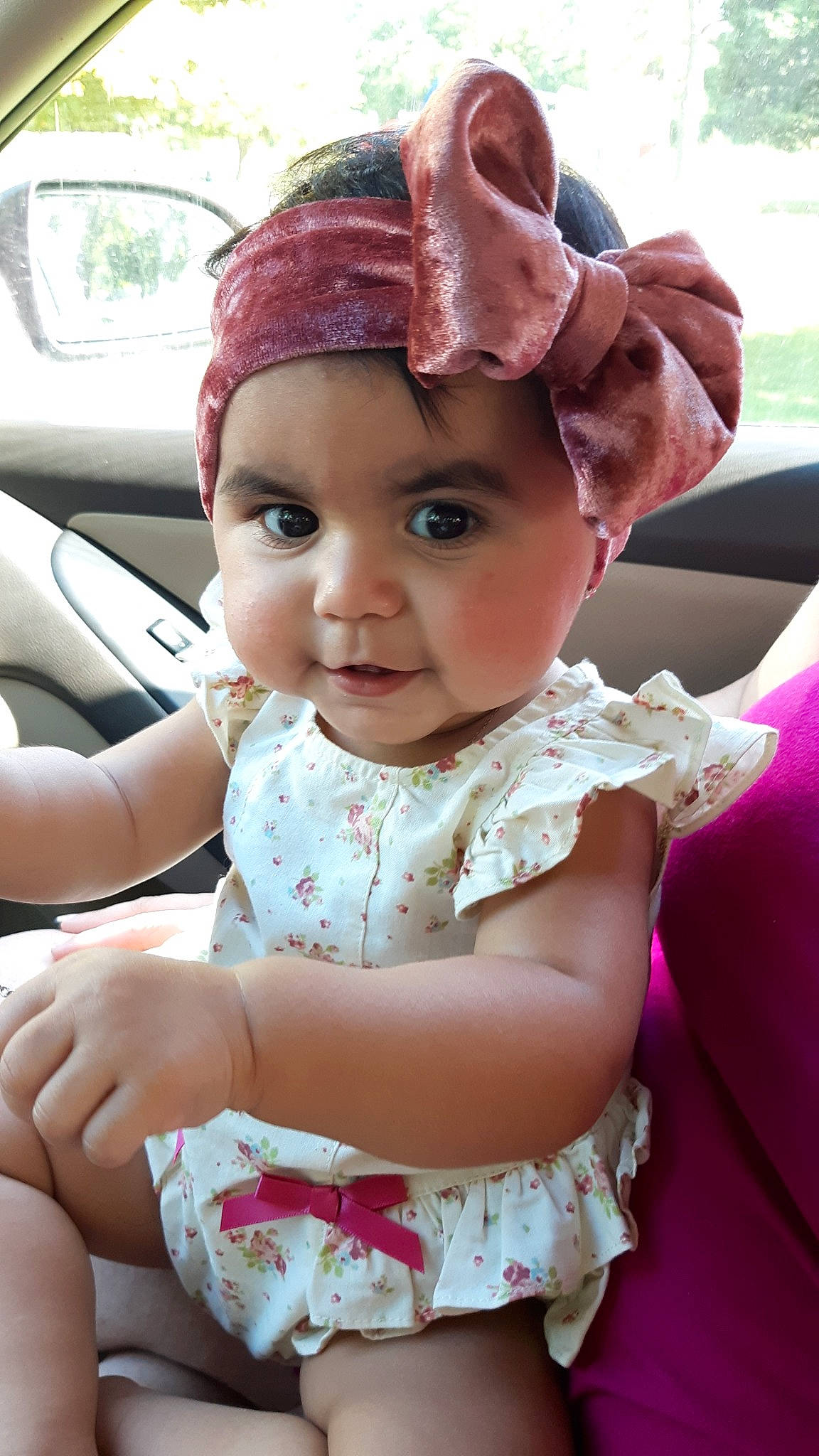 Maeve joined the competition — help win amazing prizes! baby, child, ear, fashion_accessory, hair_accessory, hat, headband, headgear, person, pink, smile, toddler