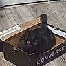 Trunks joined the competition — help win amazing prizes! cat, black_cat, box, cardboard_box, converse_box, pet, indoor, floor, wooden_floor, animal, feline, eyes, tail, sitting, cute, domestic_animal, close_up, shadow, home, cozy