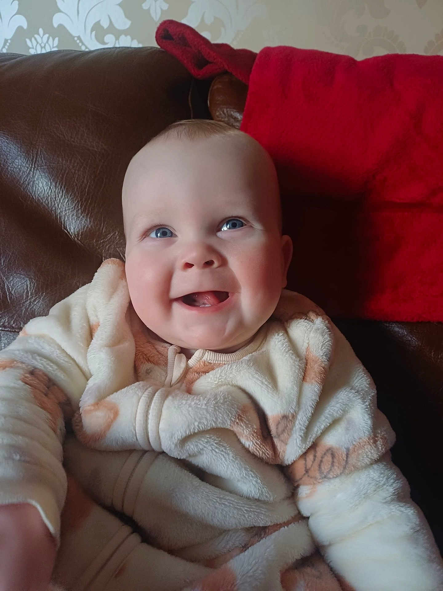 Otis is registered to the contest to win money with this photo: baby, smiling, blue_eyes, cozy, fleece, couch, red_blanket, indoor, child, happy, face, portrait, infant, warm_clothing, sitting, cute, furniture, skin, head, expression