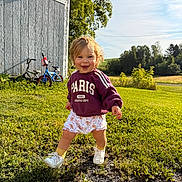 Stella joined the competition — help win amazing prizes! toddler, child, smiling, outdoor, grass, sweatshirt, shoes, bicycle, building, sunlight, nature, greenery, happy, walking, person, summer, field, tree, daylight, playful