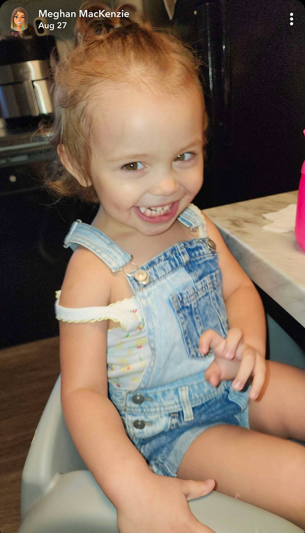 Eva joined the competition — help win amazing prizes! baby_toddler_clothing, blond, chair, cheek, eye, eyelash, face, fun, hair, hairstyle, happy, head, iris, joy, kitchen_appliance, person, skin, smile, standing, table