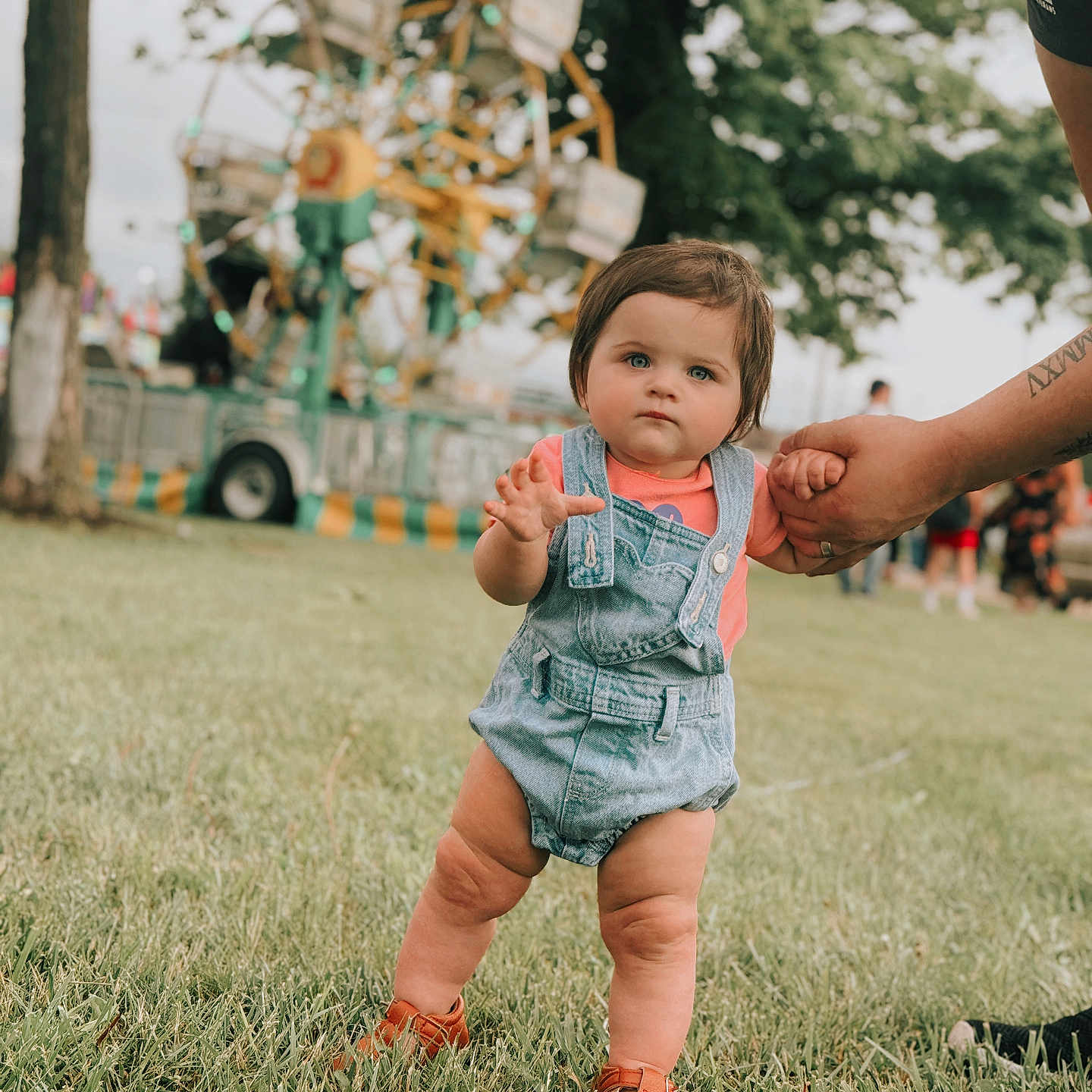 Arya joined the competition — help win amazing prizes! baby, carnival, child, cute, daylight, denim_overalls, family, ferris_wheel, grass, hand_holding, outdoor, park, person, playful, shoes, summer, toddler, tree, walking, young_child