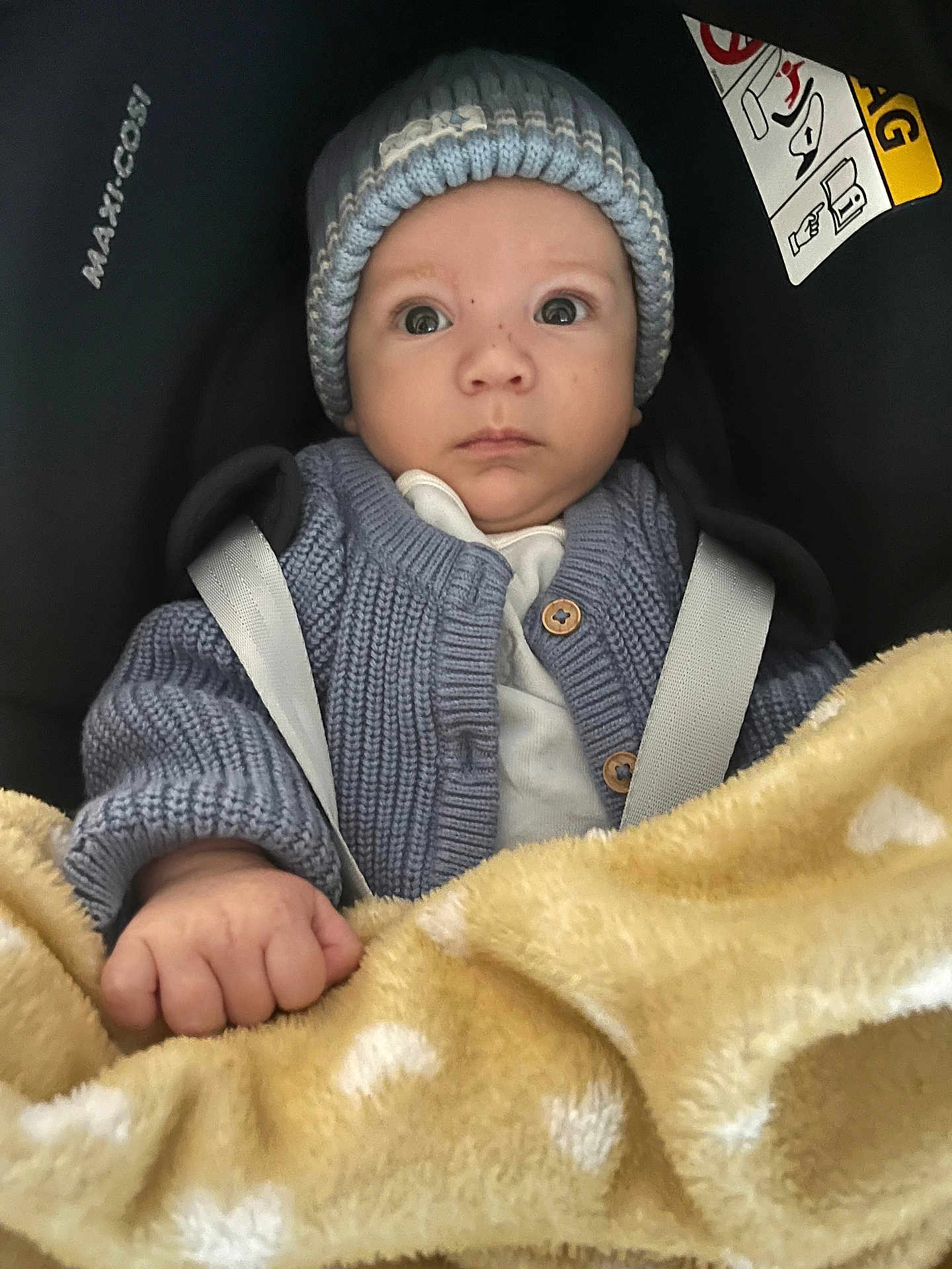 Damir a rejoint le concours — aidez-le/la à gagner de superbes lots ! baby, child, car_seat, blanket, knit_sweater, hat, blue_clothing, yellow_blanket, heart_pattern, wide_eyes, infant, cute, bundle, warm_clothing, seatbelt, indoor, portrait, person, face, hand