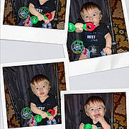 Christopher joined the competition — help win amazing prizes! baby, child, close_up, clothing, collage, colorful, eyes, face, happy, indoor, infant, photograph, playful, polaroid, portrait, rattle, sitting, smiling, stroller, toy
