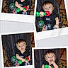 baby, child, close_up, clothing, collage, colorful, eyes, face, happy, indoor, infant, photograph, playful, polaroid, portrait, rattle, sitting, smiling, stroller, toy