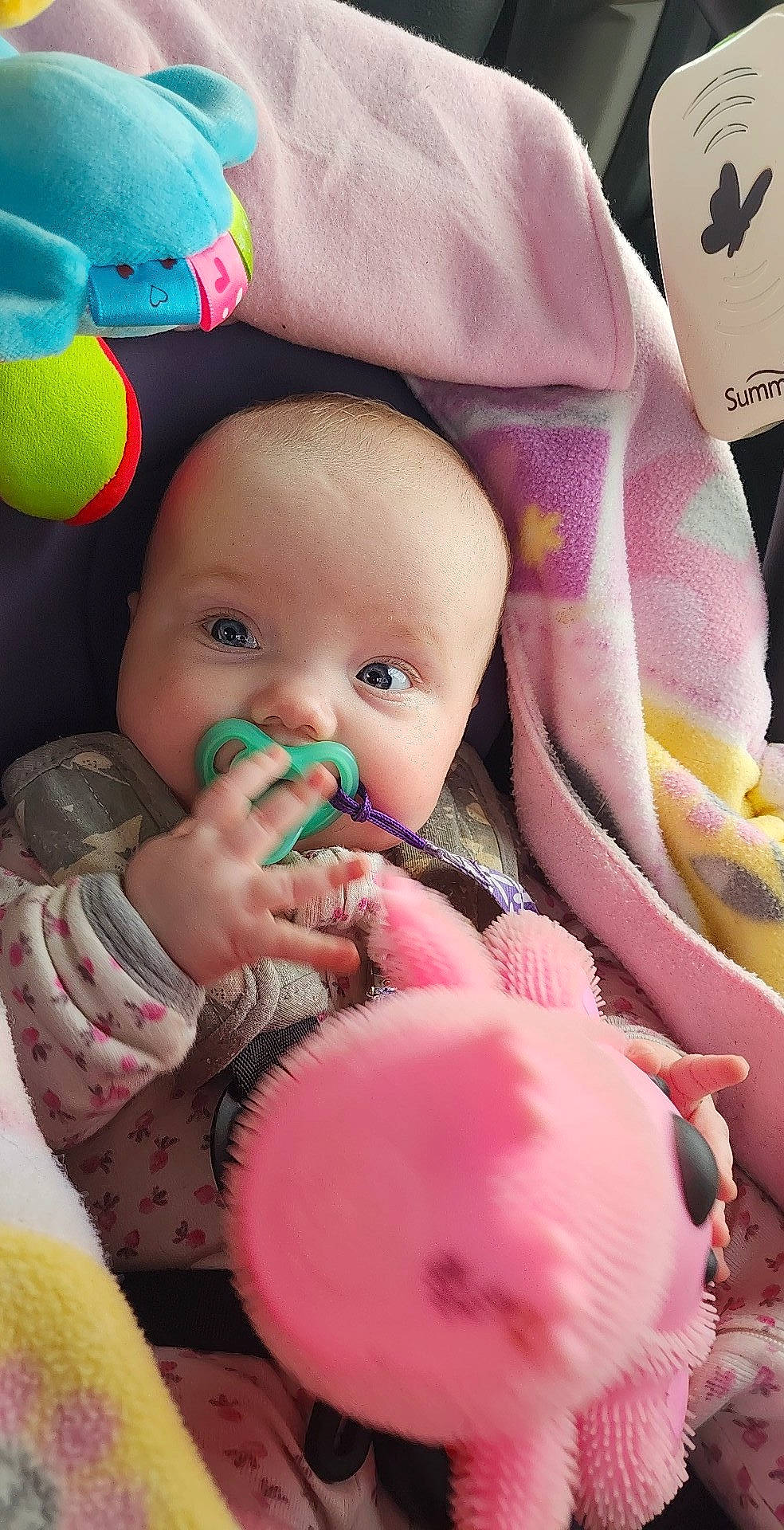 Snow White is registered to the contest to win money with this photo: baby, baby_products, baby_toddler_clothing, cheek, eye, face, facial_expression, finger, green, happy, head, iris, lip, mouth, nose, person, pink, product, skin, textile