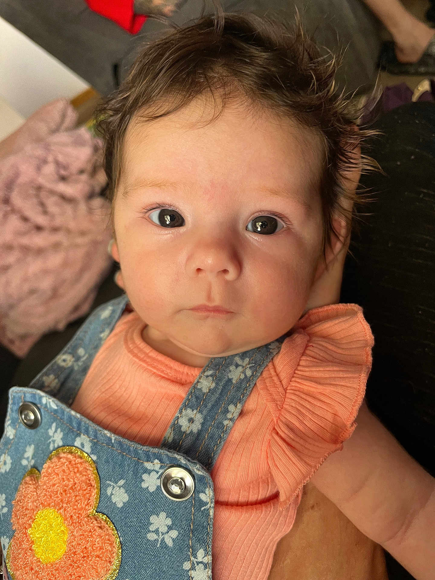 Matilda joined the competition — help win amazing prizes! baby, infant, face, eyes, hair, denim_overalls, flower_patch, peach_clothing, cute, portrait, indoor, person, child, looking, expression, soft_light, blanket, couch, hand, skin