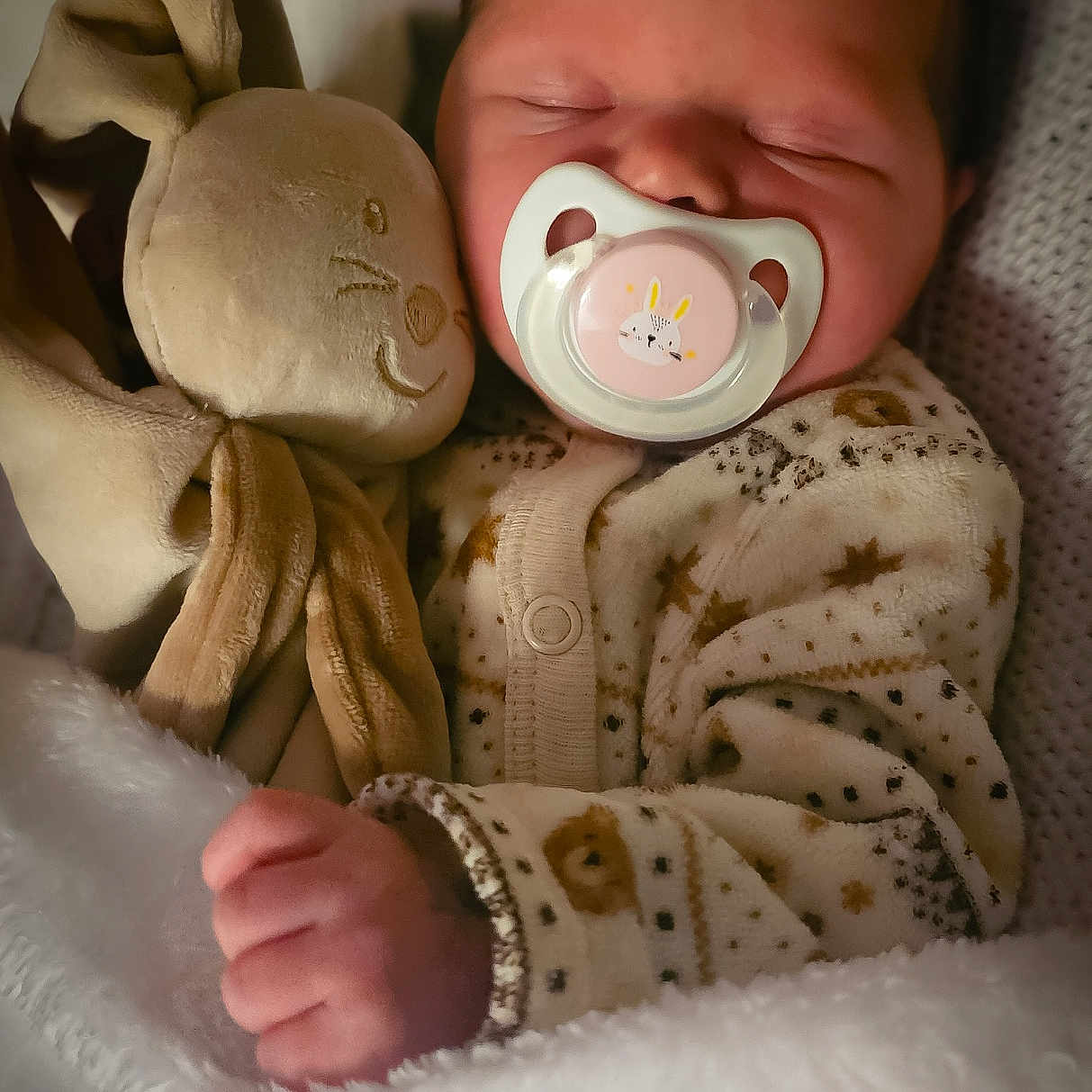 Cataleya participe au concours pour gagner de l'argent avec cette photo : baby, blanket, bunny, child, cozy, cute, face, hand, indoors, infant, pacifier, pajamas, peaceful, portrait, rest, sleeping, snuggle, soft_toy, stuffed_animal, warm
