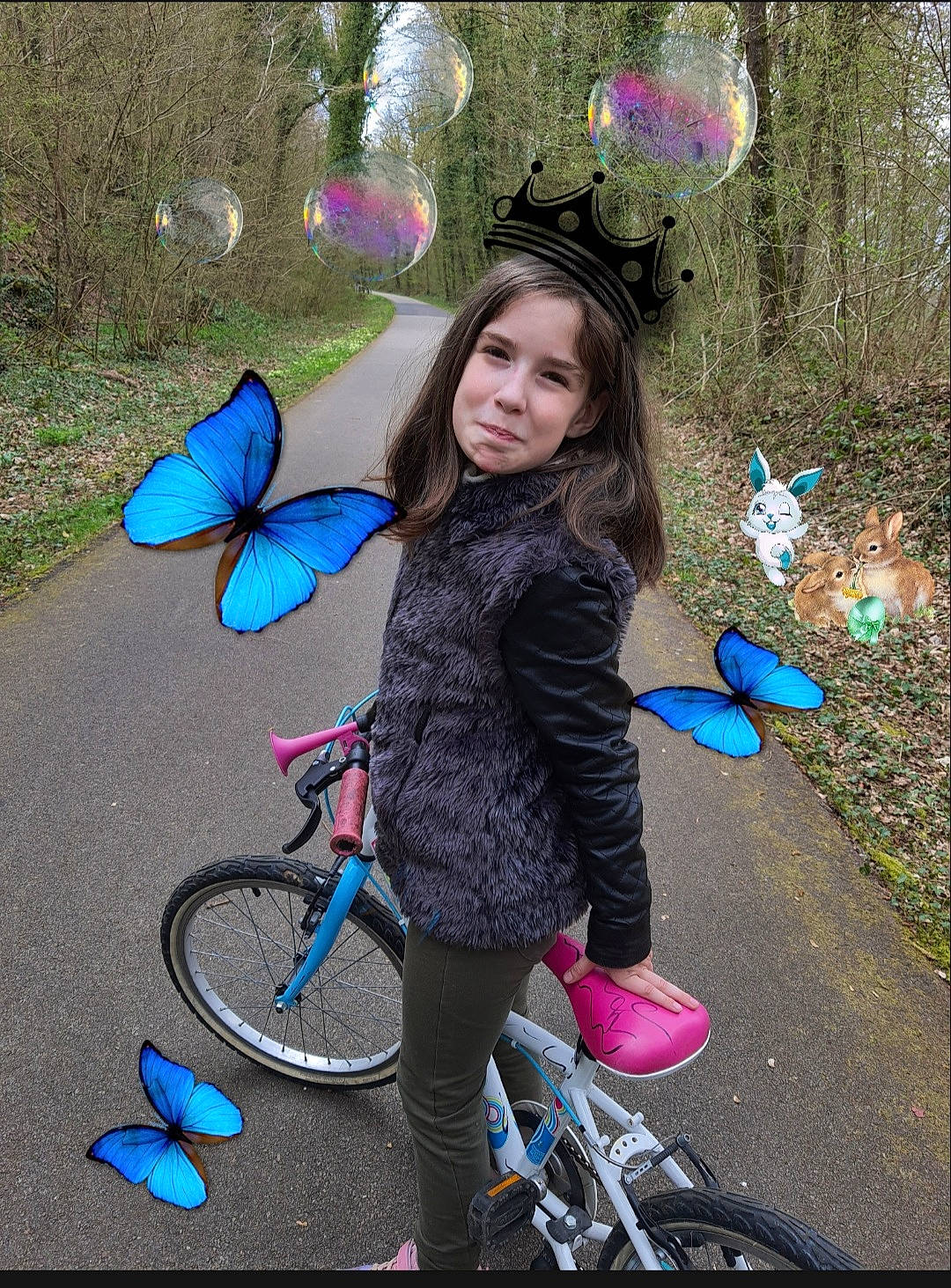 Louna participe au concours pour gagner de l'argent avec cette photo : bicycle, bicycle_fork, bicycle_frame, bicycle_handlebar, bicycle_tire, bicycle_wheel, bicycles_equipment_and_supplies, cool, green, happy, leaf, light, natural_environment, people_in_nature, person, photograph, pink, pollinator, street_fashion, tire