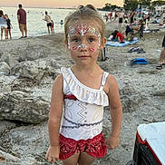 Phoenix is registered to the contest to win money with this photo: beach, casual, child, cooler, face_paint, holiday, nature, outdoor, people, portrait, recreation, rocks, sand, standing, summer, sunset, swimsuit, vacation, water, young_girl