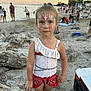 beach, casual, child, cooler, face_paint, holiday, nature, outdoor, people, portrait, recreation, rocks, sand, standing, summer, sunset, swimsuit, vacation, water, young_girl