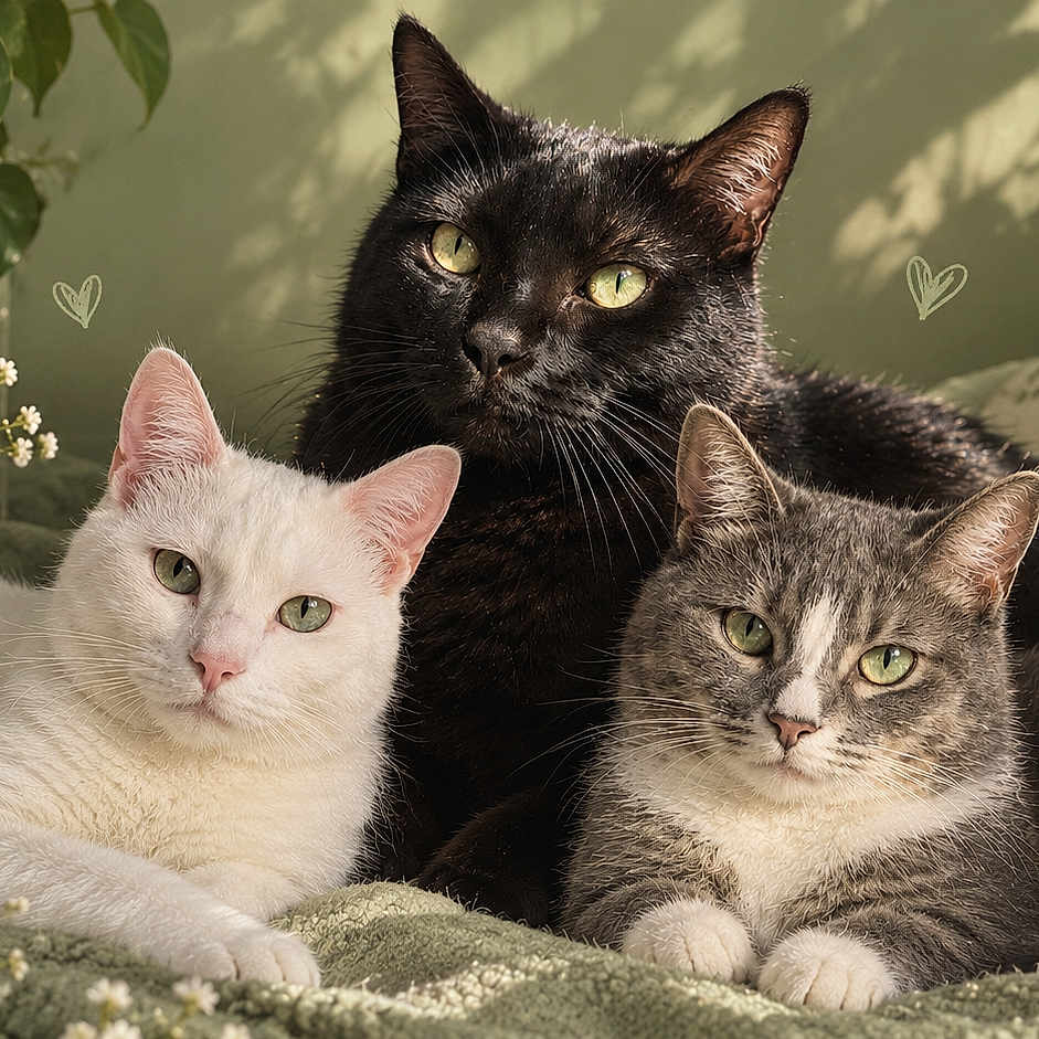 Luna joined the competition — help win amazing prizes! animal, bed, black_cat, blanket, cat, cats, close_up, ears, feline, flowers, green_eyes, group, indoor, lying_down, pet, portrait, tabby_cat, three_animals, whiskers, white_cat