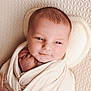 Liam participe au concours pour gagner de l'argent avec cette photo : baby, newborn, infant, swaddle, blanket, portrait, face, eyes, smile, cheeks, head, hair, hand, foot, toes, cozy, soft_lighting, textured_background, close_up, peaceful