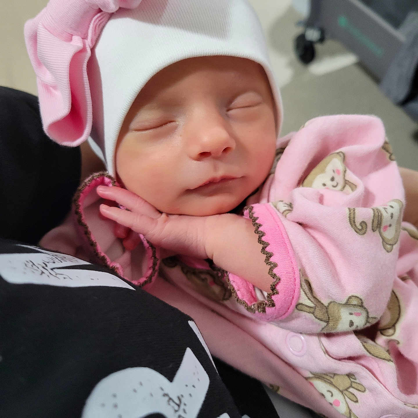 Jiulianna joined the competition — help win amazing prizes! baby, bow, child, closed_eyes, cozy, cute, face, hand, hat, human, infant, monkey_print, newborn, pink_clothing, portrait, resting, sleep, sleeping, soft, toddler