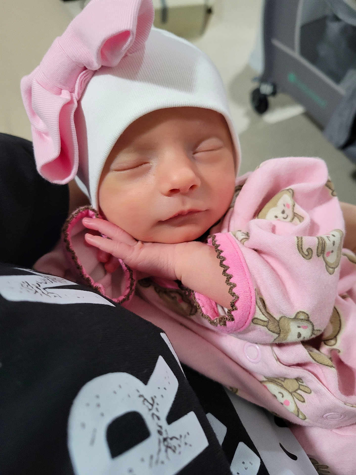 Jiulianna joined the competition — help win amazing prizes! baby, bow, child, closed_eyes, cozy, cute, face, hand, hat, human, infant, monkey_print, newborn, pink_clothing, portrait, resting, sleep, sleeping, soft, toddler