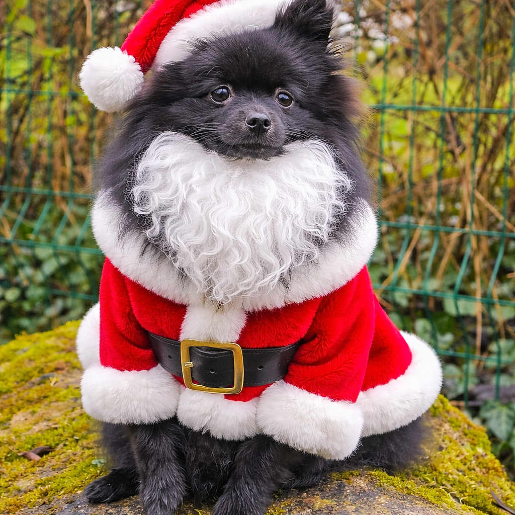 Sophie Choley participe au concours pour gagner de l'argent avec cette photo : animal, black_dog, christmas, cute, dog, fence, festive, fluffy, greenery, holiday, mossy_rock, nature, outdoor, pet, pomeranian, portrait, red_suit, santa_claus_costume, small_dog, white_beard