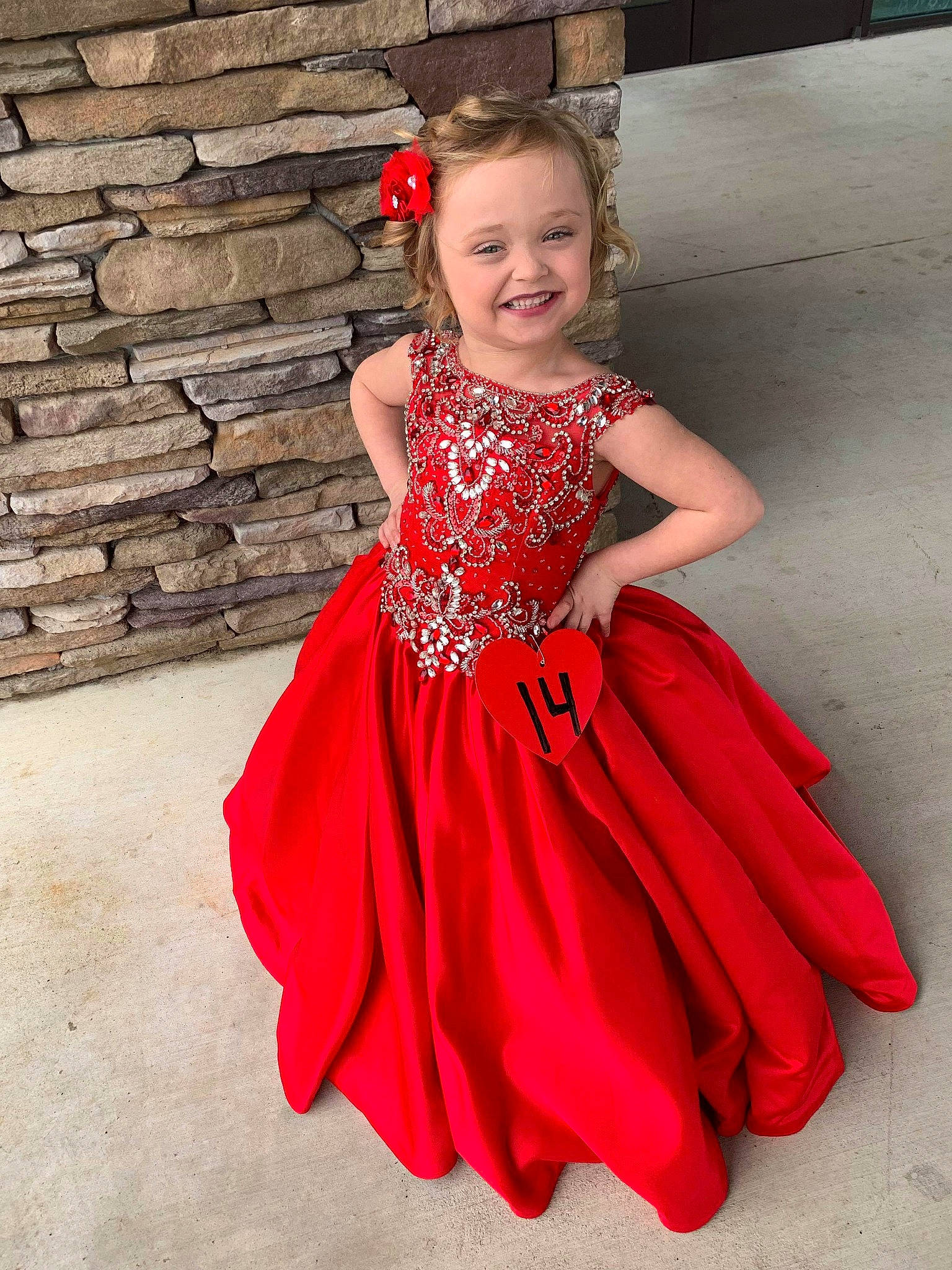 Emma-kate Davis is registered to the contest to win money with this photo: a_line, bridal_party_dress, child, child_model, clothing, cocktail_dress, costume, day_dress, dress, fashion_design, flower_girl, formal_wear, gown, joy, pattern, person, red, shoulder, toddler, waist