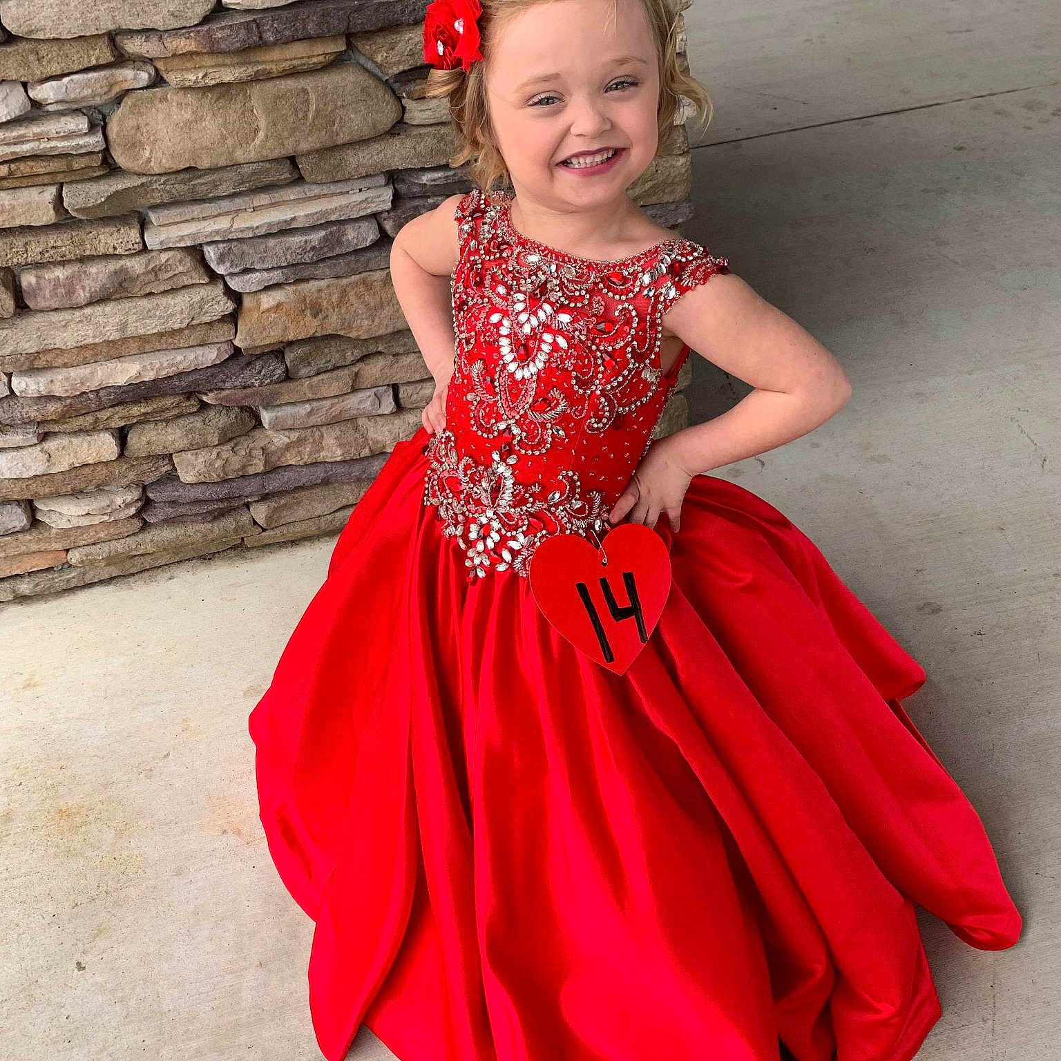 Emma-kate Davis is registered to the contest to win money with this photo: a_line, bridal_party_dress, child, child_model, clothing, cocktail_dress, costume, day_dress, dress, fashion_design, flower_girl, formal_wear, gown, joy, pattern, person, red, shoulder, toddler, waist