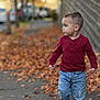 Michael joined the competition — help win amazing prizes! child, boy, walking, sidewalk, red_sweater, blue_jeans, autumn, leaves, brick_wall, casual_clothing, outdoor, daylight, serious_expression, short_hair, black_shoes, urban, street, person, young, kid