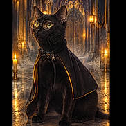 Ares joined the competition — help win amazing prizes! cat, black_cat, glasses, spectacles, cape, costume, collar, bell, gothic, cathedral, church, candlelight, candles, arched_architecture, stone_floor, reflection, portrait, sitting, fantasy, dramatic_lighting