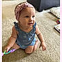 Amelia is registered to the contest to win money with this photo: baby, child, indoor, carpet, headband, blue_romper, toy, sitting, curious, happy, plaid_couch, ottoman, home_interior, floor, smiling, person, infant, cute, toddler, playtime