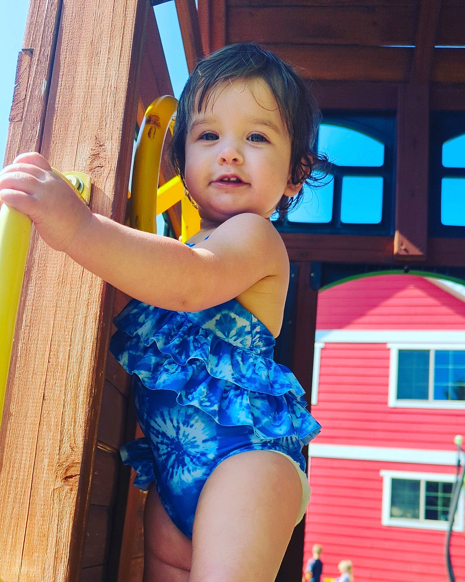 Taylor joined the competition — help win amazing prizes! azure, beauty, black_hair, child, clothing, electric_blue, fun, happy, human_leg, leisure, person, pink, recreation, red, sky, swimwear, thigh, toddler, trunk, waist