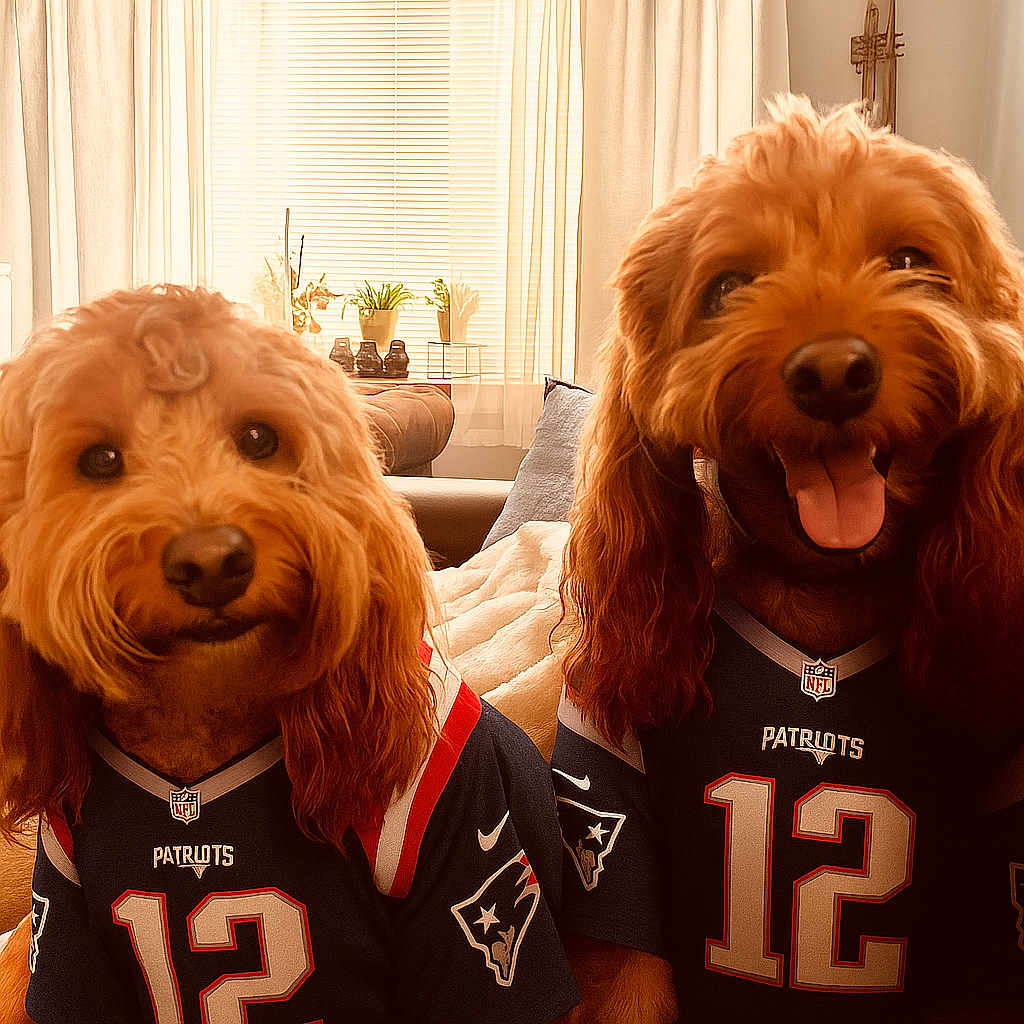 Larry And Chubs joined the competition — help win amazing prizes! dog, pets, animal, indoor, living_room, jersey, sports_fan, new_england_patriots, number_12, cute, smiling, fur, canine, pair, seated, cozy, window, curtains, couch, decor