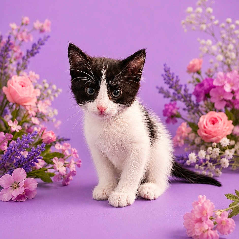 Lola joined the competition — help win amazing prizes! kitten, cat, black_and_white, purple_background, flowers, pink_flowers, purple_flowers, cute, pet, animal, fur, whiskers, small, sitting, front_view, indoor, portrait, adorable, young, nature