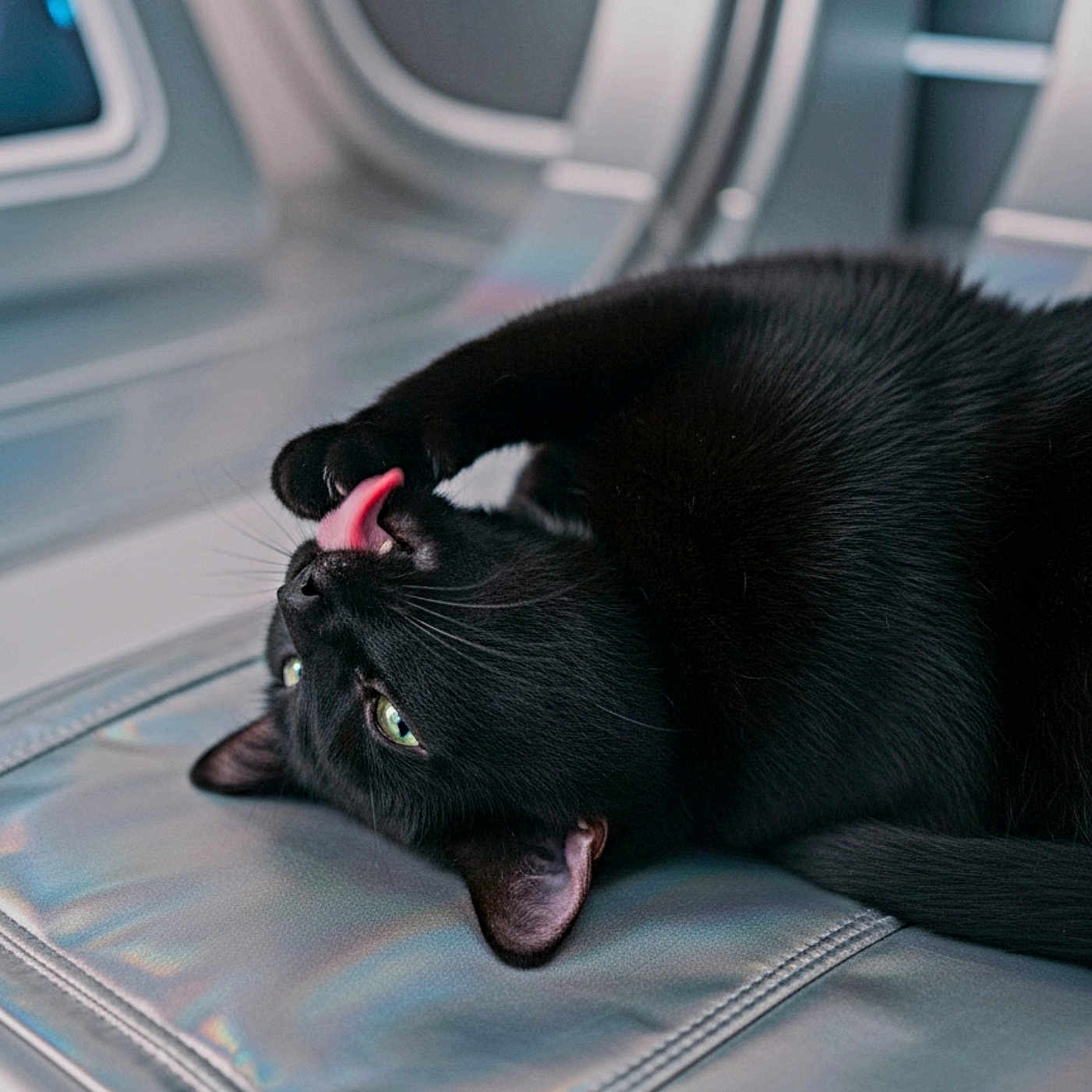 Nyx joined the competition — help win amazing prizes! cat, black_cat, feline, pet, animal, licking, tongue, upside_down, lying_down, relaxed, green_eyes, whiskers, ears, fur, car_interior, car_seat, vehicle, close_up, portrait, indoor