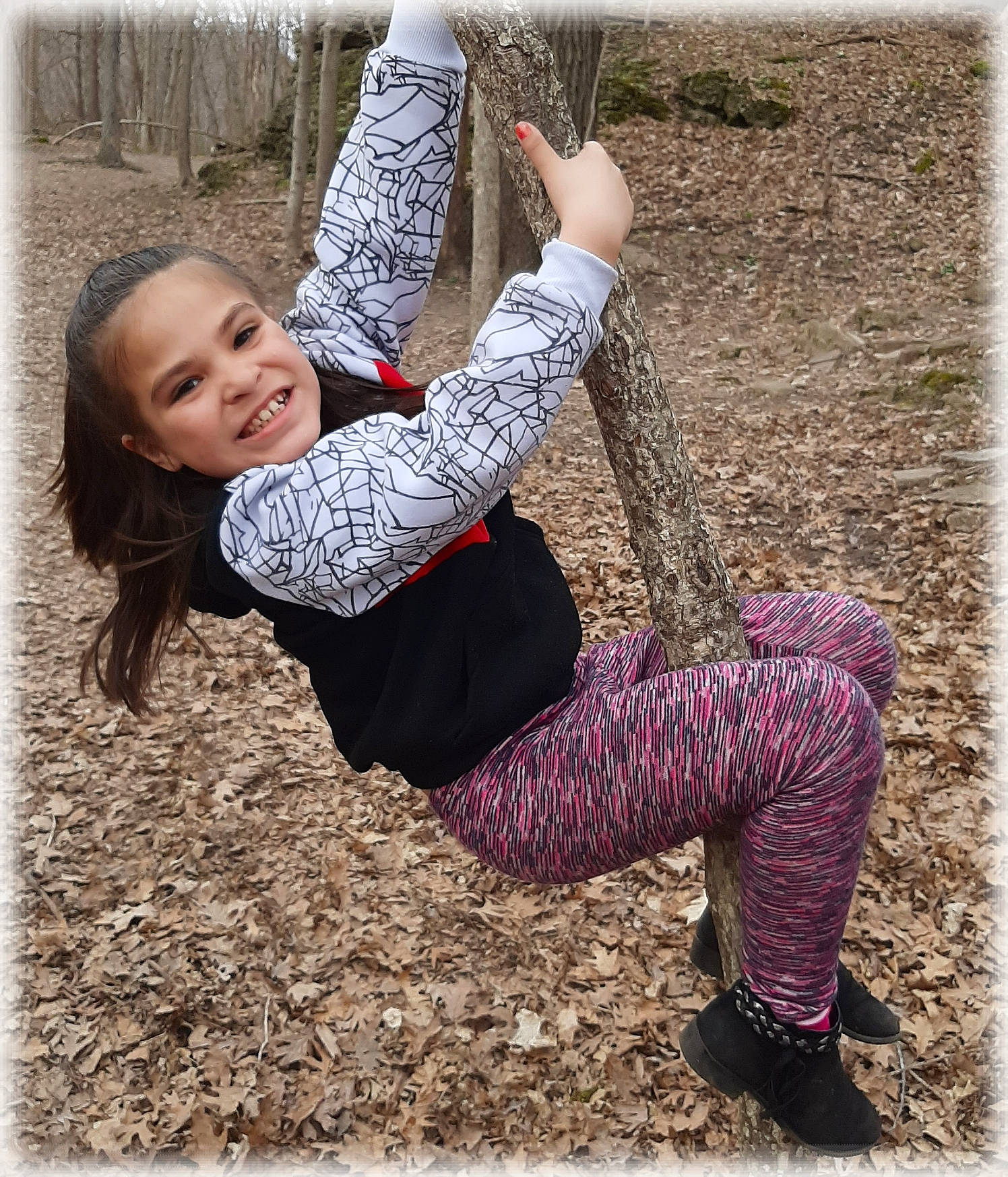 Brayelin joined the competition — help win amazing prizes! arm, branch, child, child_model, fun, happy, jeans, joy, leg, leggings, person, photography, pink, plant, play, smile, stock_photography, swing, toddler, tree