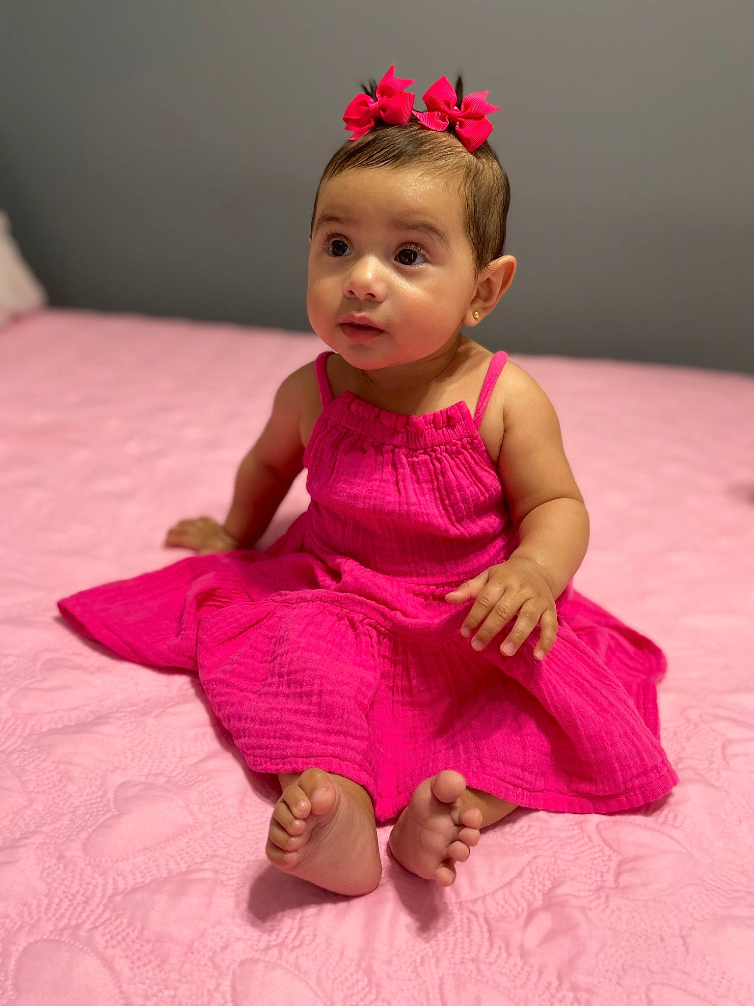 Alyssa joined the competition — help win amazing prizes! baby, baby_toddler_clothing, cheek, day_dress, dress, eye, face, flooring, happy, head, headpiece, human_body, iris, jewellery, magenta, person, pink, purple, skin, sleeve