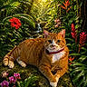 Queen Victoria joined the competition — help win amazing prizes! animal, cat, collar, flora, greenery, lush, moss, nature, orange_tabby, outdoor, pet, pink_orchid, plants, red_flower, relaxed, rock, sunlight, tropical_jungle, tropical_plants, wildlife