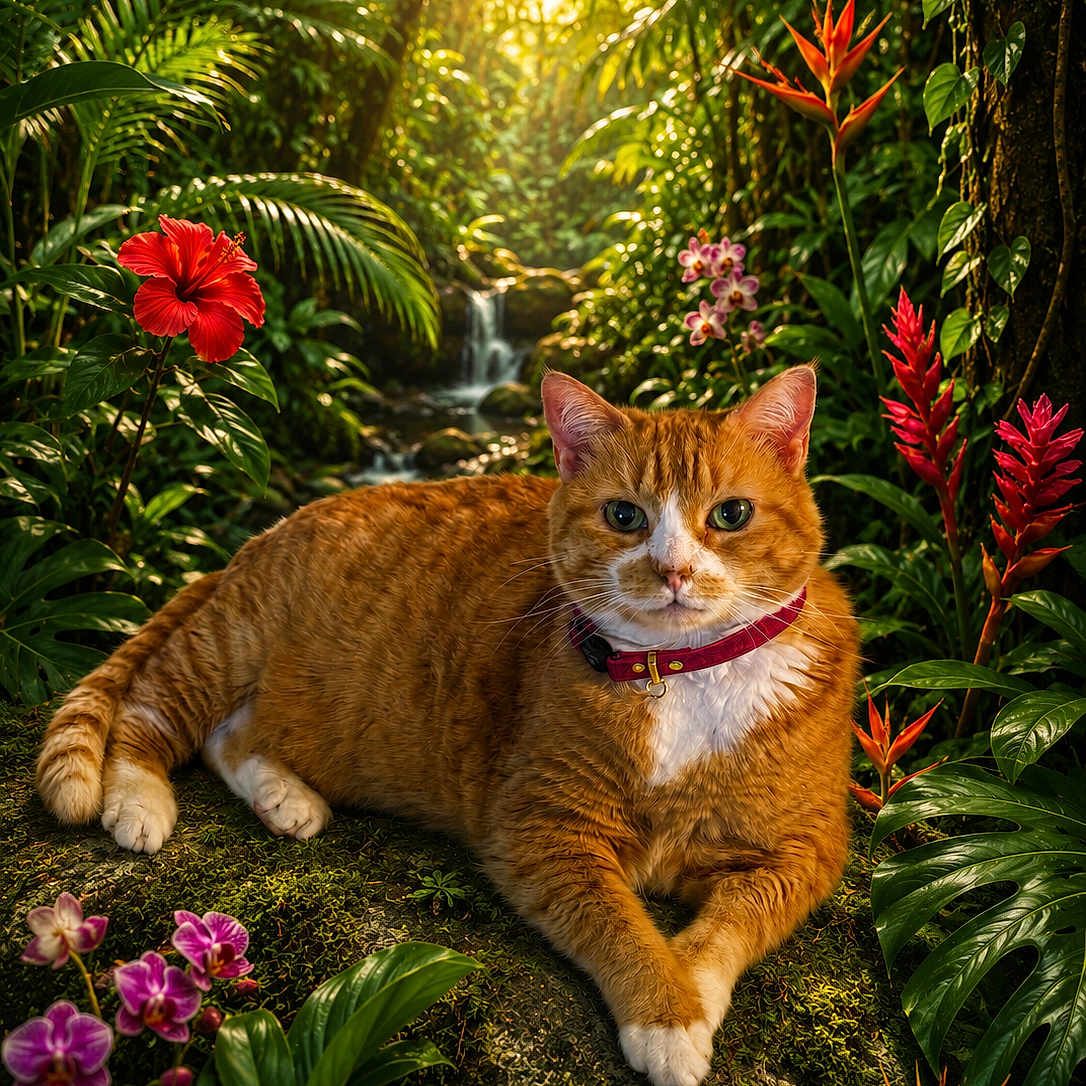 Queen Victoria joined the competition — help win amazing prizes! animal, cat, collar, flora, greenery, lush, moss, nature, orange_tabby, outdoor, pet, pink_orchid, plants, red_flower, relaxed, rock, sunlight, tropical_jungle, tropical_plants, wildlife