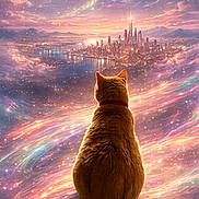 Queen Victoria joined the competition — help win amazing prizes! aurora, back_view, cat, cityscape, colorful, cosmic, fantasy, futuristic_city, glowing, light_trails, moon, night_sky, orange_cat, scenic, serene, sitting, sky, space, stars, surreal