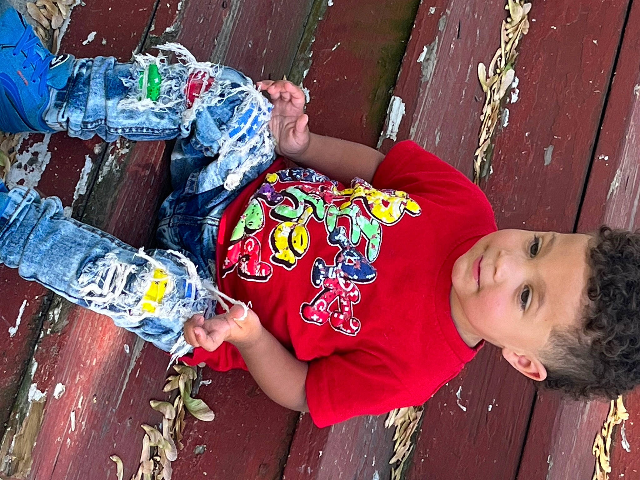 Julius is registered to the contest to win money with this photo: adaptation, child, fence, fun, happy, human, leisure, magenta, orange, pattern, person, plant, sitting, sleeve, t_shirt, temple, textile, toddler, tradition, tree